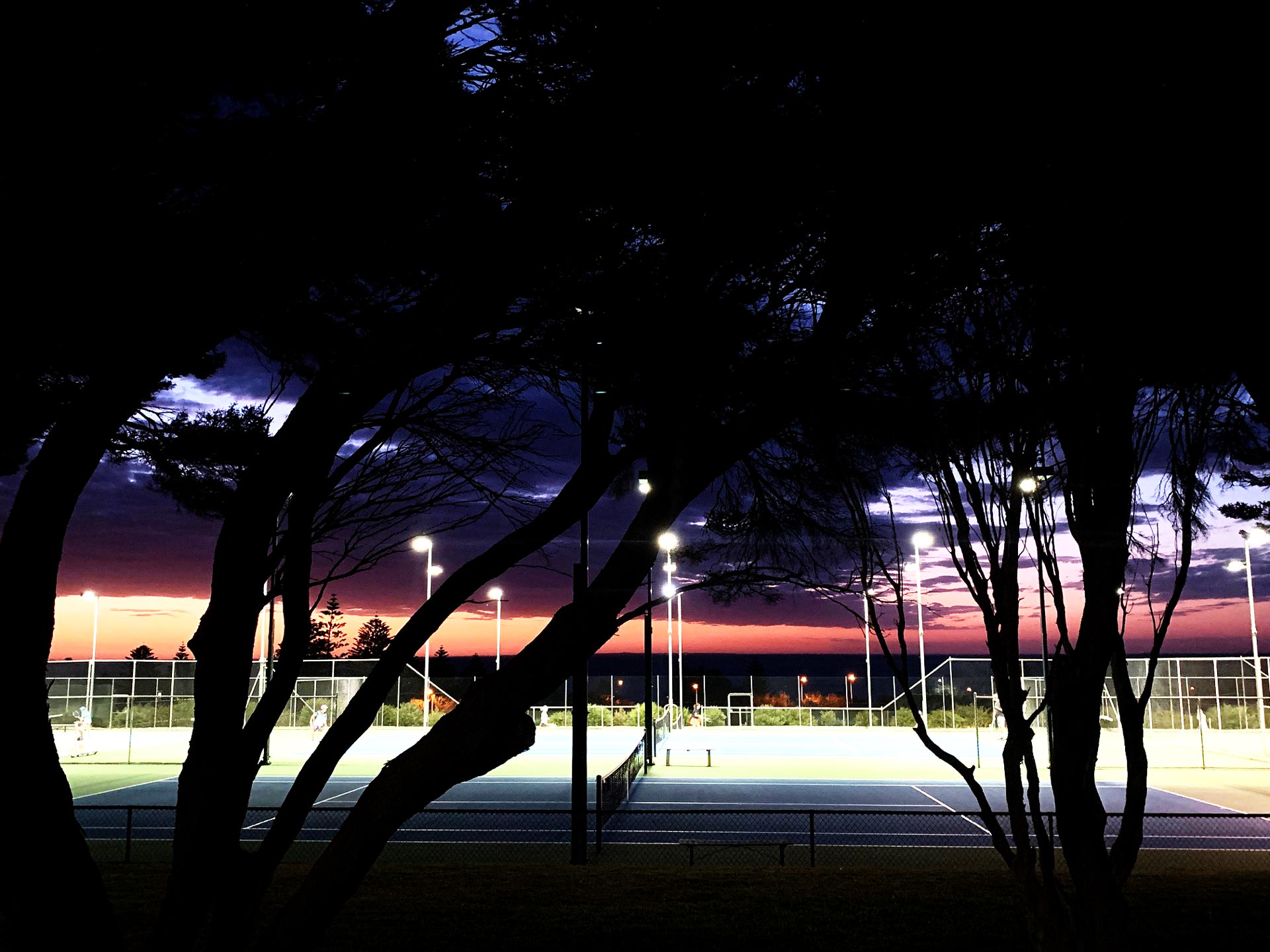 Hard Courts with Sunset and Floodlights